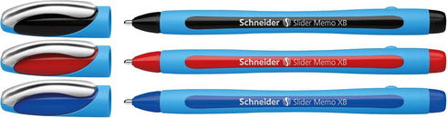 Schneider Slider Memo XB Ballpoint Pen, 1.4 mm, Light Blue Barrel, Pack of 3 Pens: Black, Red, Blue