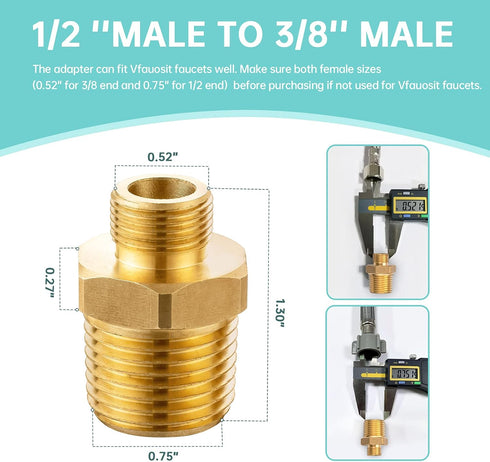 Vfauosit 1/2 to 3/8 Reducer, 3/8 to 1/2 RV Faucet Adapter, Brass Compression Fitting for Plumbing Water Hose (2 Pieces)