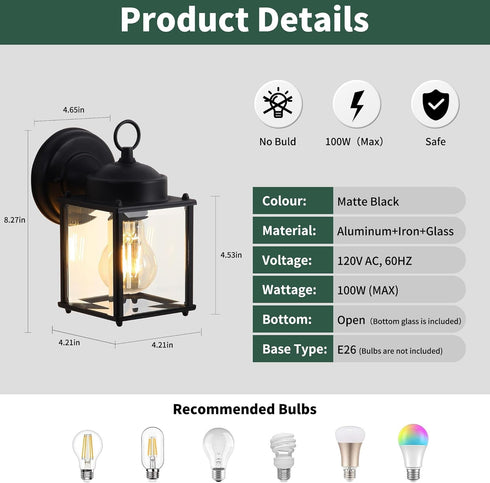 2 Pack Outdoor Wall Light Fixtures Waterproof Porch Lights Anti-Rust Matte Black Exterior Light Fixture Outdoor Wall