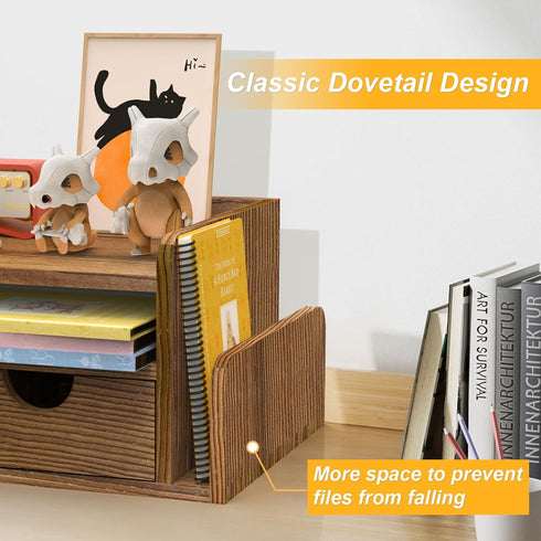 HZE Wooden Desk Organizer with Drawers, Rustic 3-Tier Desktop Organizer, Desktop Drawers with 2 Side Mail Sorting Slots