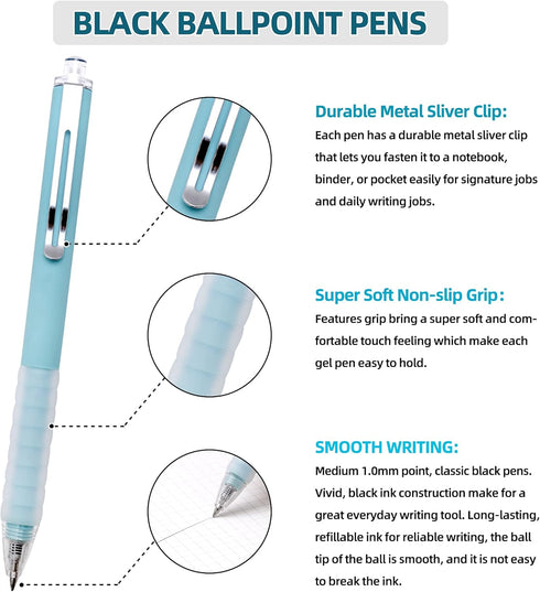 Medium Point 1mm Black Ink Work Pen with Super Soft Grip Ball Point Pen for Men Women Retractable Office Pens (Black ink, Black 12)
