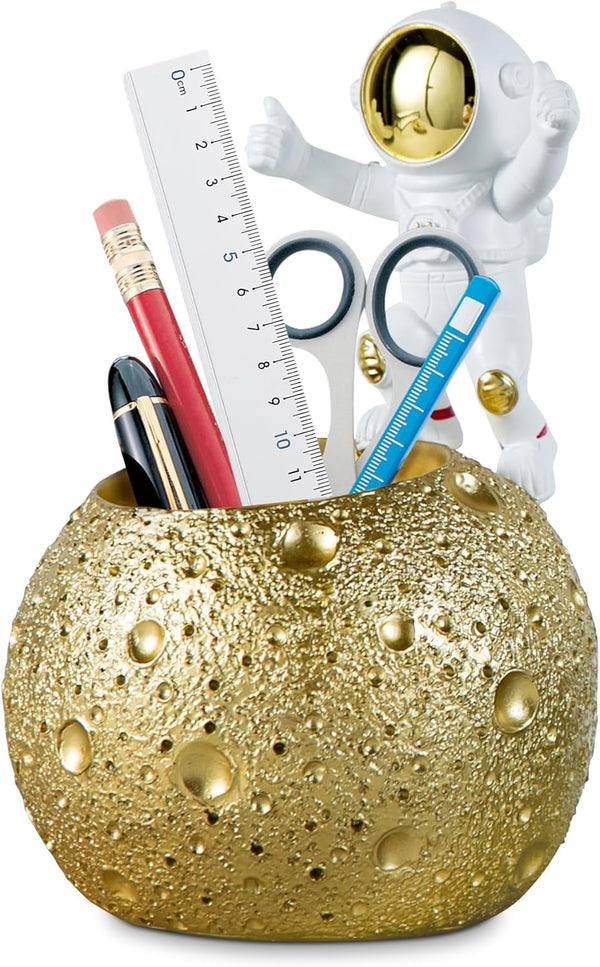 Kimdio Pen Holder - Astronaut Stand for Desk Pencil Holder, Resin Moon Organizer for Office, Classroom, Home - Gold