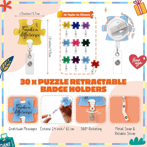 ReliThick 30 Set Employee Appreciation Gifts Bulk, Puzzle Badge Reel with Thank You Cards, Retractable ID Badge Holder