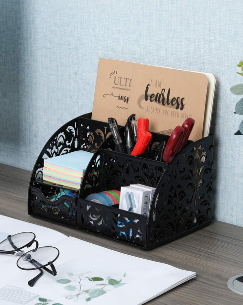 EasyPAG Office Desk Organizer Caddy, 6 Compartments & 1 Sliding Drawer, Black Desktop Accessories Supplies