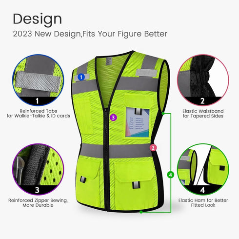 Women's Reflective Vest, Hi Vis Neon Safety Vest with 11 Pockets, Zipper, ANSI Compliant (U-Yellow, S)