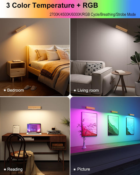 5200mAh 3 Dimmable Rechargeable Wood Wall Lights with Remote & Touch, Battery Operated Wall Sconce Color Temperatures