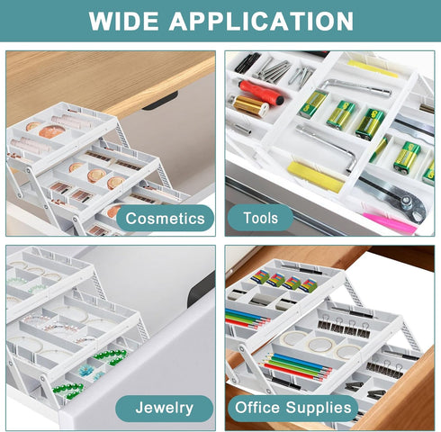 Multi Level Smart Drawer Organizer, Expandable Storage Trays for Jewelry, Cosmetics, Tools, Battery, White