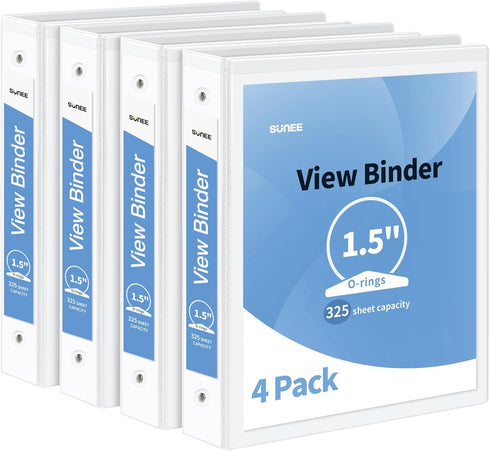 SUNEE 3 Ring Binder 1.5 Inch 4 Pack, Clear View Binder Three Ring PVC-Free for School or Office Supplies, White