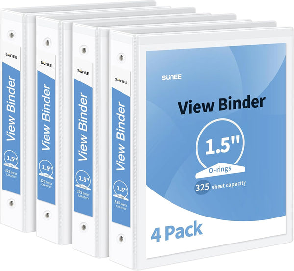 SUNEE 3 Ring Binder 1.5 Inch 4 Pack, Clear View Binder Three Ring PVC-Free for School or Office Supplies, White