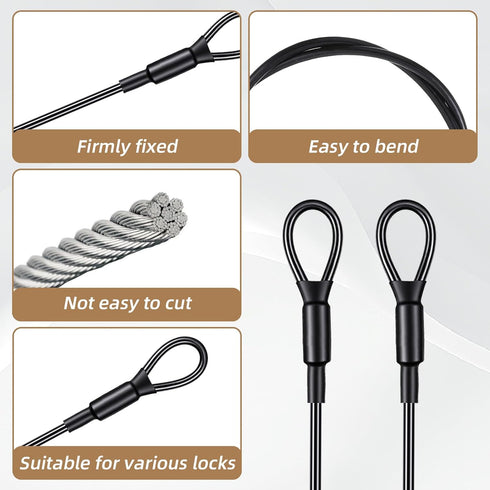 salbsever 2PCS 3mm 60cm Security Cable, Bike Lock Cable, Double Loop Braided Wire Rope with Vinyl Coating, Travel
