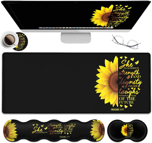 Gaming Black Mouse Pad + Keyboard Wrist Rest XL Large Mouse Mat, Sunflower Christian Verse Proverbs 31-25