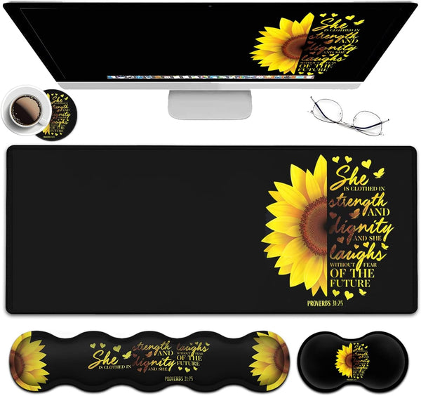 Gaming Black Mouse Pad + Keyboard Wrist Rest XL Large Mouse Mat, Sunflower Christian Verse Proverbs 31-25