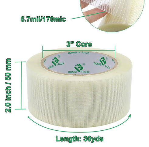 BOMEI PACK Transparent Bi-Directional Filament Strapping Tape, 6.7 Mil x 2 Inch x 30yds