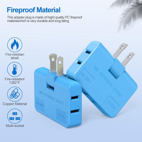 Flat Wall Plug Adapter AC Outlet Extender, 2-Prong Swivel Mini Indoor Wall Tap Plug, Type A, Blue (2 Pack)