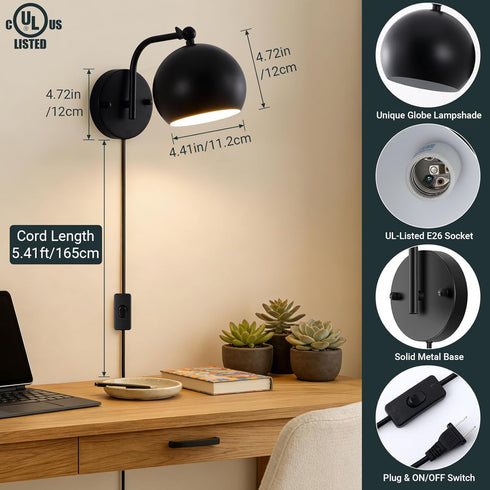 Btvsd Set 2, Bathroom(2 Bulbs Plug in Wall Sconces of Adjustable Angle Black Wall Lights with Plug in Cord & On/Off