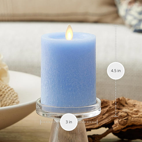 3" 4.5", Luminara Sea Glass Flameless Candle, Cornflower x Moving LED Flame Pillar with Timer, Battery Operated, Real