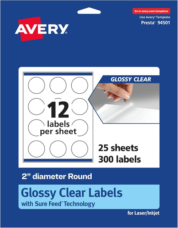 Avery Glossy Clear Round Labels, 2" Diameter, 300 Labels, Print-to-The-Edge, Laser/Inkjet Printable