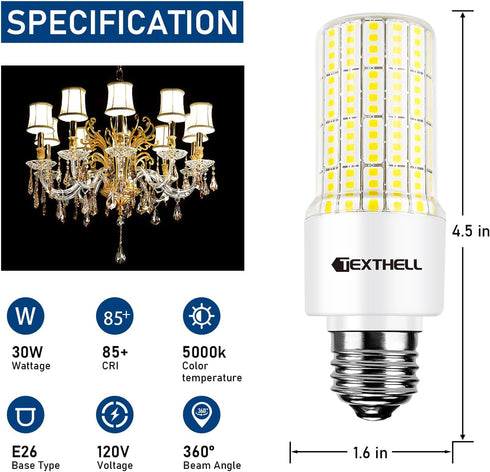 Led Light Bulb Equivalent 250w 3750 Lumen 5000K Cool Daylight White 30W Non-dimmable Waterproof Corn Bulb E26/E27 Medium Base for Outdoor Indoor Garage Workshop Backyard Pack of 3 by TEXTHELL