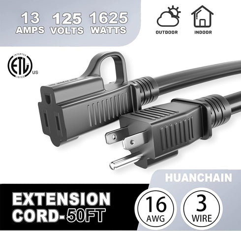 HUANCHAIN 8 ft Black Indoor Outdoor Extension Cord, 16/3 Gauge Waterproof, 13A 1625W, Heavy Duty Electric Cord, ETL