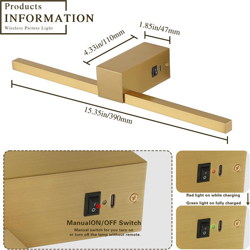 15.7 inch Dimmable Brass Battery Operated Picture Light with Remote,Wireless Gallery Lights Brass Rechargeable Display