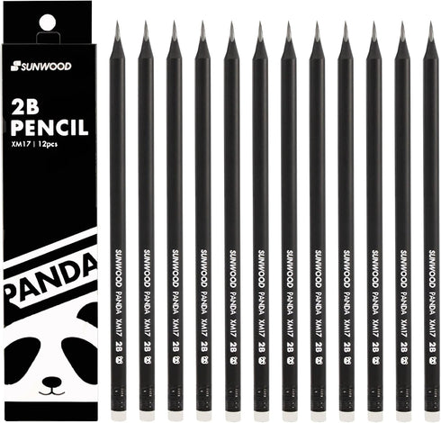 Panda 2B Black Wood Cased Graphite School Pencils, Pack of 12, Pre-Sharpened with Erasers for School, Office
