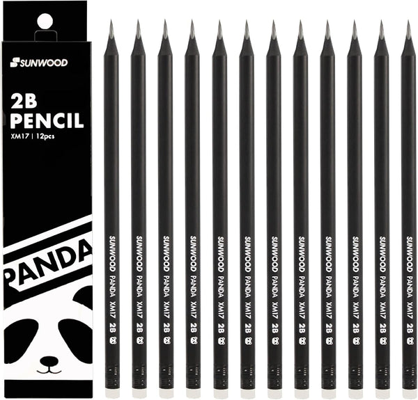 Panda 2B Black Wood Cased Graphite School Pencils, Pack of 12, Pre-Sharpened with Erasers for School, Office