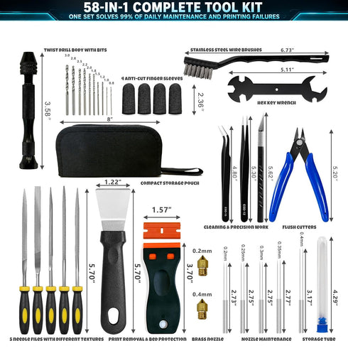 3D 58 99% Nozzle Printer Tool Kit Accessories - Pcs Solve Print Failures Clean Maint - with Scraper Brush Pliers