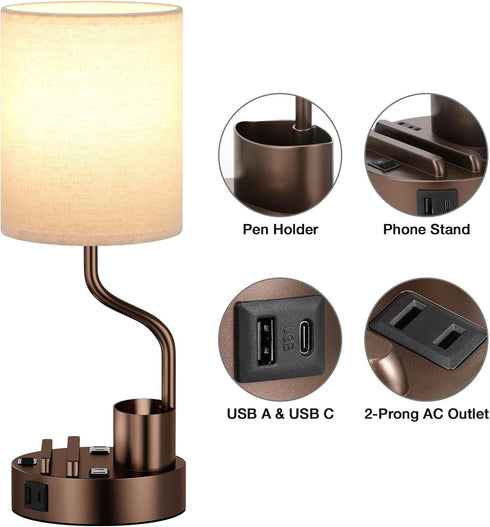 Set 2 3 Bedside Table Lamps for Bedroom of - Beige Nightstand Lamp with AC Outlet Charging Port and USB A C, Color