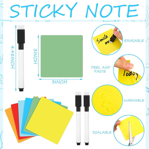 Crtiin 24 Pack Dry Erase Sticky Notes, Colorful 3 x 3 Inch, Reusable Whiteboard Stickers with 2 Markers