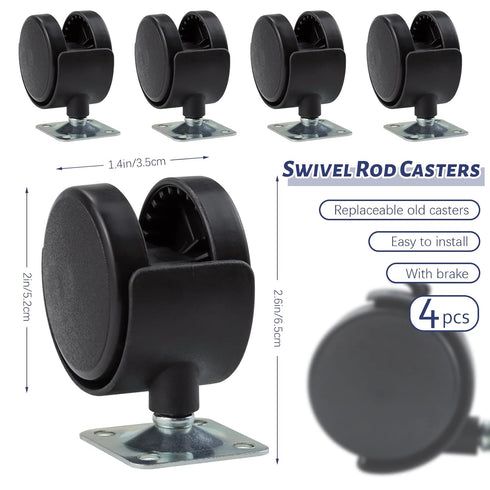 4 Pack 2 Inch Plastic Casters, Furniture Casters, Nylon Furniture Wheel Replacement, Nylon Plastic Swivel Plate Casters, Replacement Cart Casters Wheels with Brakes