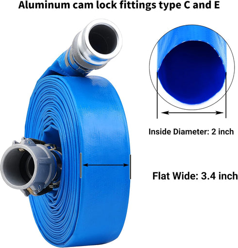 2" x 50ft PVC Lay Flat Discharge Hose with Heavy Duty Reinforced Pump Backwash Assembly, Aluminum Camlock C & E