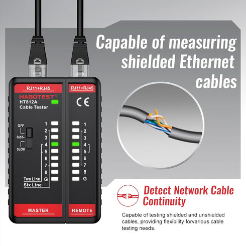 HT812A Ethernet Cable Tester with RJ45 RJ11 Port, Fast/Slow Gear, 60V Continuity Test for CAT5/CAT6