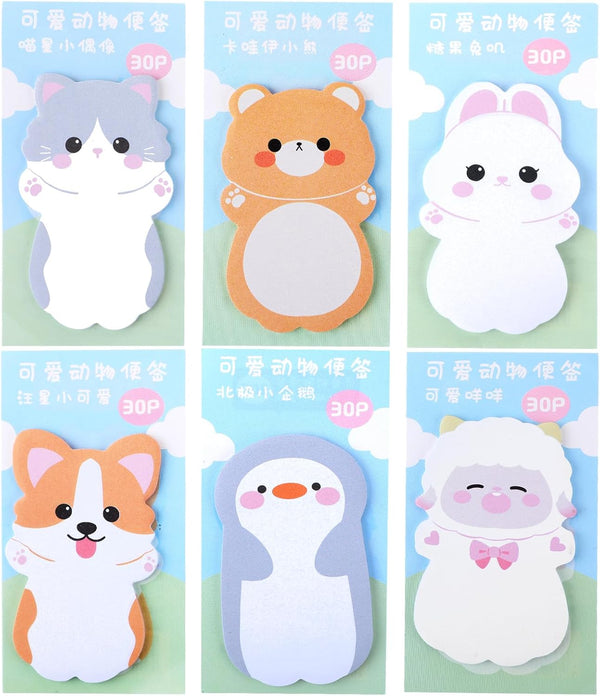 Cute Self Stick Notes, 6 Pack Cartoon Animal Sticky Note, Kawaii Markers Flags, Memo Pads, 180 Sheets