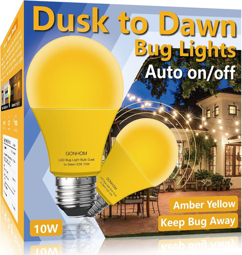 Dusk to Dawn Bug Light Bulb, Outdoor, 2 Pack Amber, Auto On/Off, 10W (100W Equivalent), E26 Base, Decorative Lamps