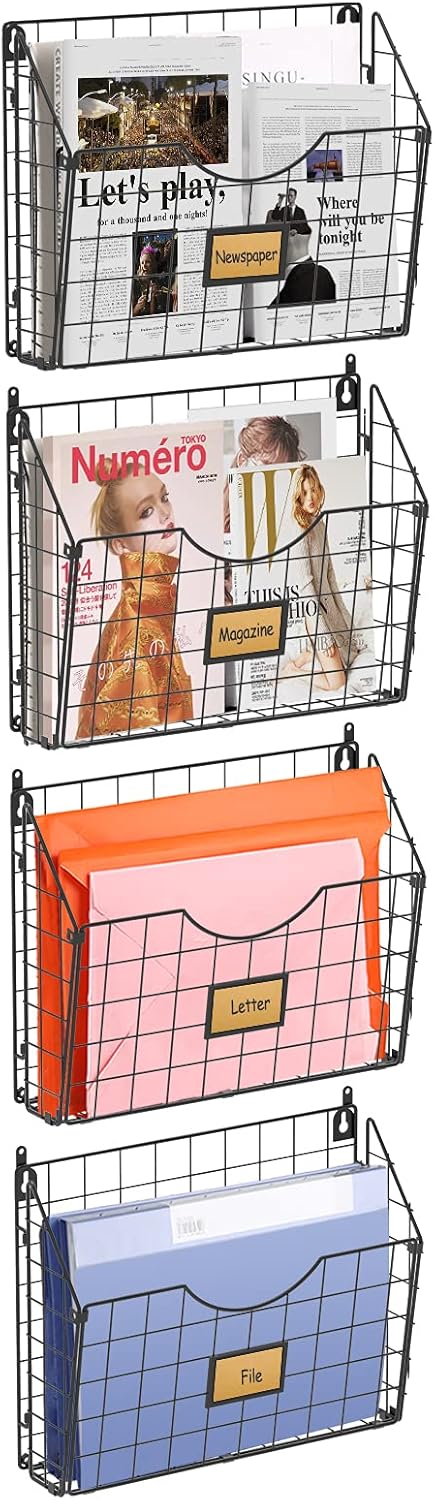 X-cosrack 4-Tier Vertical Wall File Holder, Metal Wall Organizer with Tag Slot for Office Home