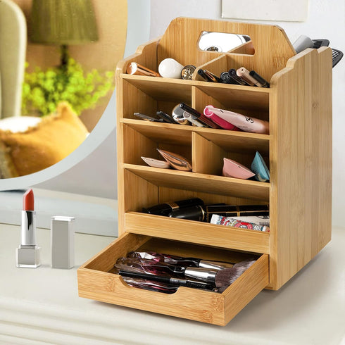 SOUJOY Bamboo Pen Holder Organizer, 360° Rotating Art Supply Storage Caddy for 400+ Pencils, 15 Compartments