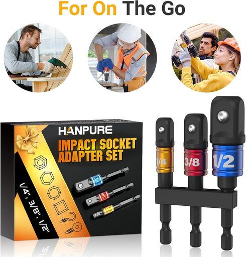 Impact Socket Adapter Set for Drill, 1/4" 3/8" 1/2" Impact Grade Driver Bit Set with Extension