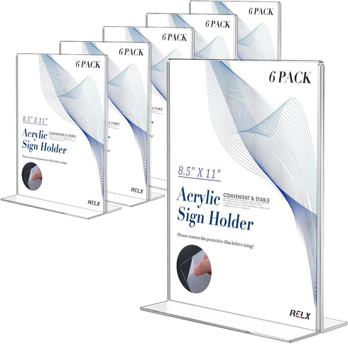 8.5 11, (6 pack) Relx Acrylic Sign Holder x Plastic Frame Flyer Holder, Double Frames Clear Acrylic Display Stand