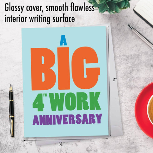 NobleWorks Big 4th Work Anniversary Card, Jumbo 8.5 x 11 Notecard for 4 Year Employee w/Envelope for Men, Women