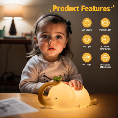 3-Level Dimmable Silicone Elephant Night Light for Kids - & Rechargeable LED Lamp, Touch Control Soft Animal Light