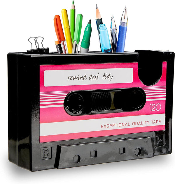 RUIAN Cassette Tape Dispenser Pen Holder, Desk Tidy Container for Kids, Teen Boys & Girls (Pink)
