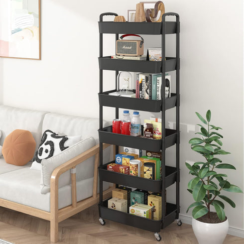 Sywhitta 6-Tier Plastic Rolling Utility Cart with Handle, Multi-Functional Storage Trolley for Office, Living Room,