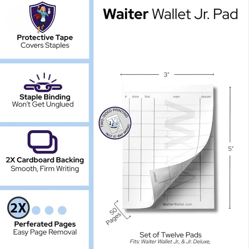 (3" 5") 12 50 Waiter Wallet Jr. Server Order Pads x Guest Check Pads, Sheets Each, Double-Sided, Stapled/Taped