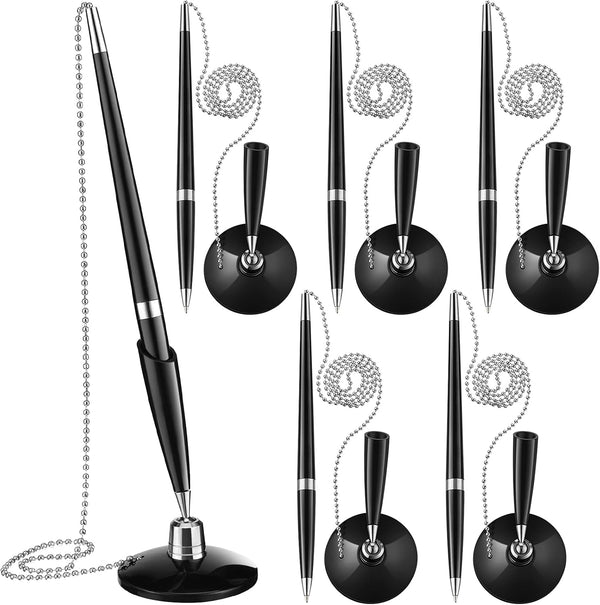 Zonon Secure Pen with Adhesive Pen Chain - Black Desk Pen with Chain, Reception Counter Pen for Home Office Supplies (6