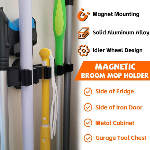 4 Magnetic Broom Holder Rack,Strong Magnetic Mount Mop Holder Racks for Cleaning Tools,Non-slip Magnetic Tool Holder