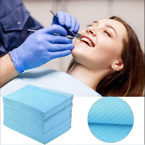 50Pcs 3 Dental Bib Sheets Tattoo Table Covers Dentist Bibs Tattoo Tray Covers Ply Sheets Waterproof Bibs Blue