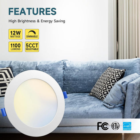 6 Inch 5CCT 2700K/3000K/4000K/5000K/6000K 12W 1100Lm, Dimmable ECOELER Ultra-Thin LED Recessed Ceiling Light