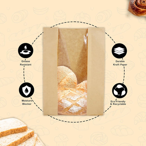 50 Sourdough Bread Bags For Homemade Loaf Kraft Brown Paper Bread Bags with Window and Square Bottom Large Bakery Bag