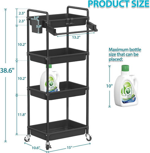 SPACEKEEPER Rolling Storage Cart, 4-Tier Mobile Bathroom Organizer with Towel Rack, Lockable Wheel, Hooks & Cup