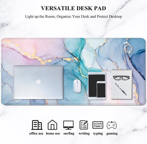 Auhoahsil XXL Large Mouse Pad, 31.5" x 11.8", Blue Pink Marble, Non-Slip Rubber Base, Stitched Edges, Gaming Mat